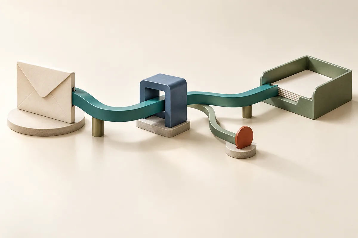 A model envelope connects through a routing channel to an inbox tray; a side route stops short.